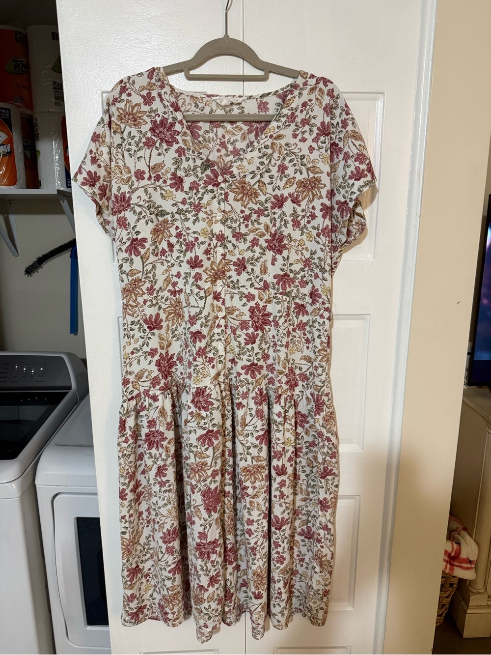 Lucky Brand Cream Midi Dress with Rose and Mustard Floral Print